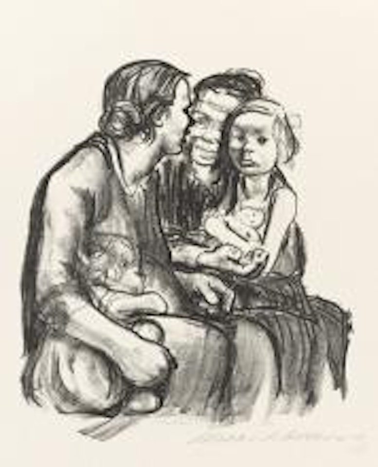 Zwei schwatzende Frauen mit zwei Kindern. by Kathe Kollwitz