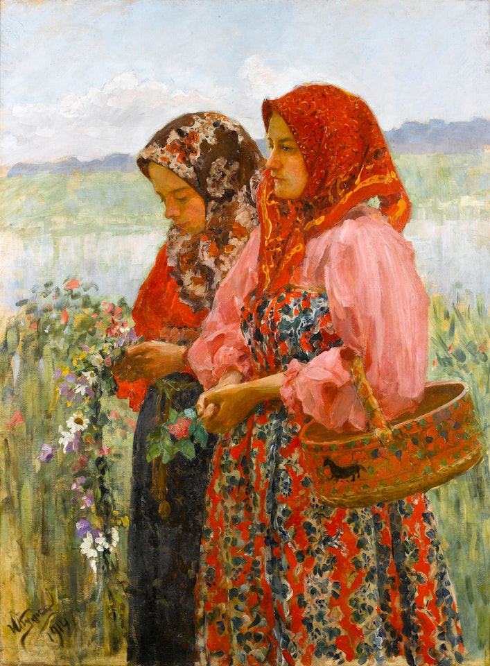 Two young girls gathering flowers by Ivan Kulikoff