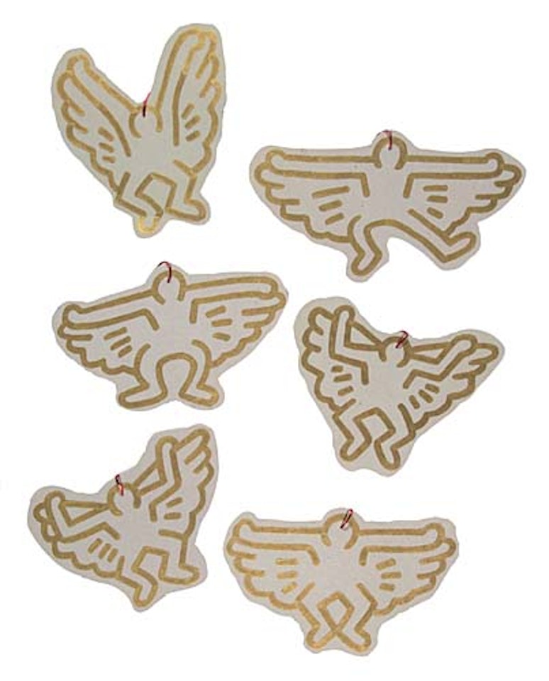 Group of 9 drawings of angels for Christmas decorations.  Andy * Jean-Michel * Francesca * Lance * Carmine * Martin * Howard * Yves * Cookie by Keith Haring