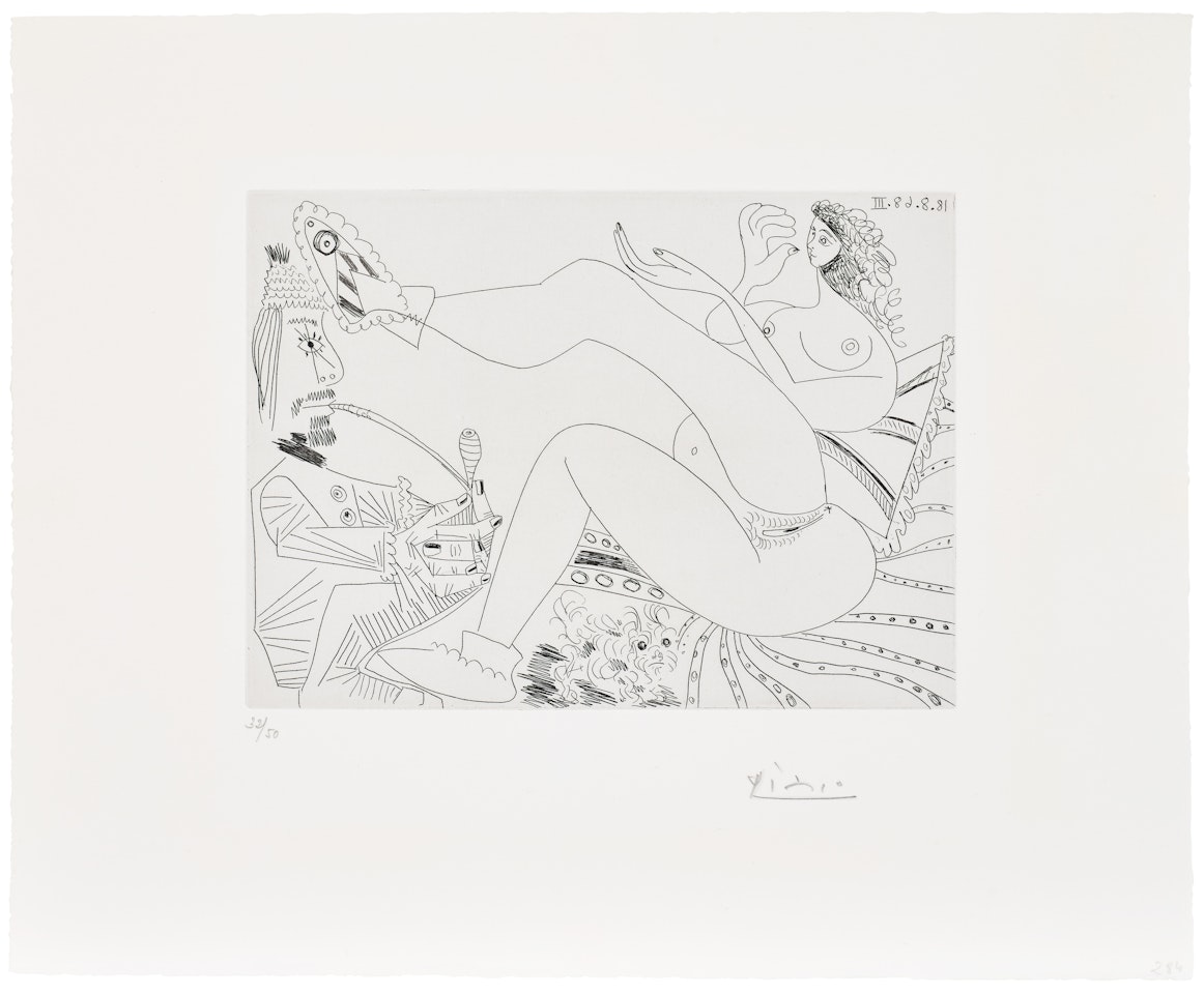 Fumeur d"opium, femme en pantoufles sur son lit et petit chien (Opium Smoker, Woman in Slippers on Her Bed and Small Dog), plate 284 from Série 347 (Bl. 1764, Ba. 1781) by Pablo Picasso