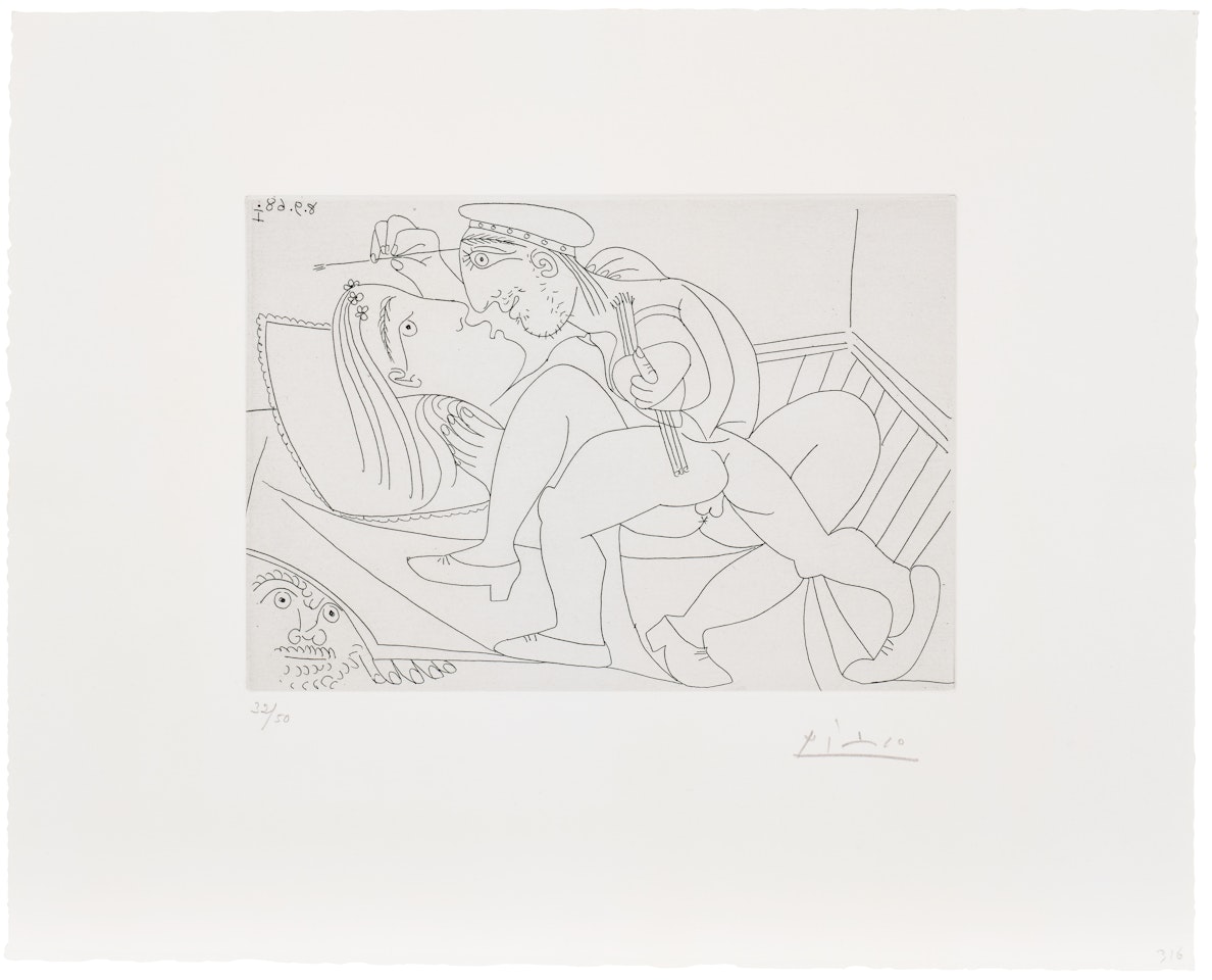 Raphaël et la Fornarina XXI: Michel-Ange est caché sous le lit (Raphael and the Fornarina XXI: Michelangelo is Hidden Under the Bed), plate 316 from Série 347 (Bl. 1796, Ba. 1813) by Pablo Picasso