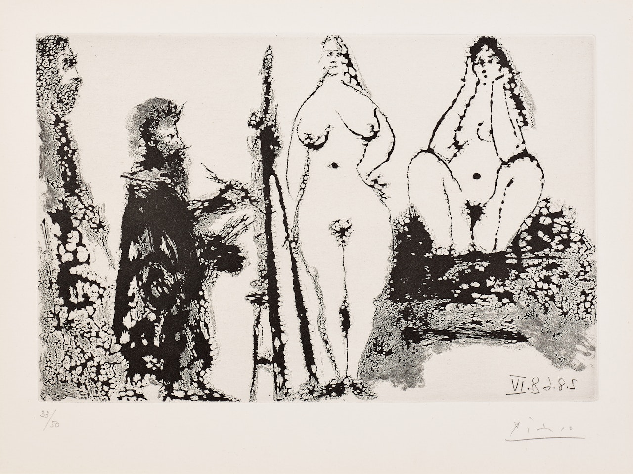 Peintre barbu en robe de chambre, avec deux femmes nues et un visuteur (Bearded Painter in a Robe, with Two Nude Women and a Visitor), plate 235 from Série 347 (Bl. 1715, Ba. 1732) by Pablo Picasso