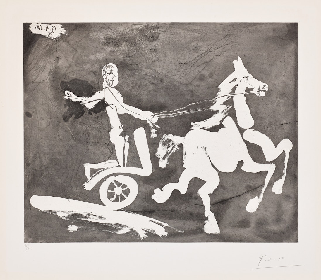 Télévision: course de chars à l"antique I (Television: Ancient Chariot Race I), plate 34 from Série 347 (Bl. 1514, Ba. 1530) by Pablo Picasso