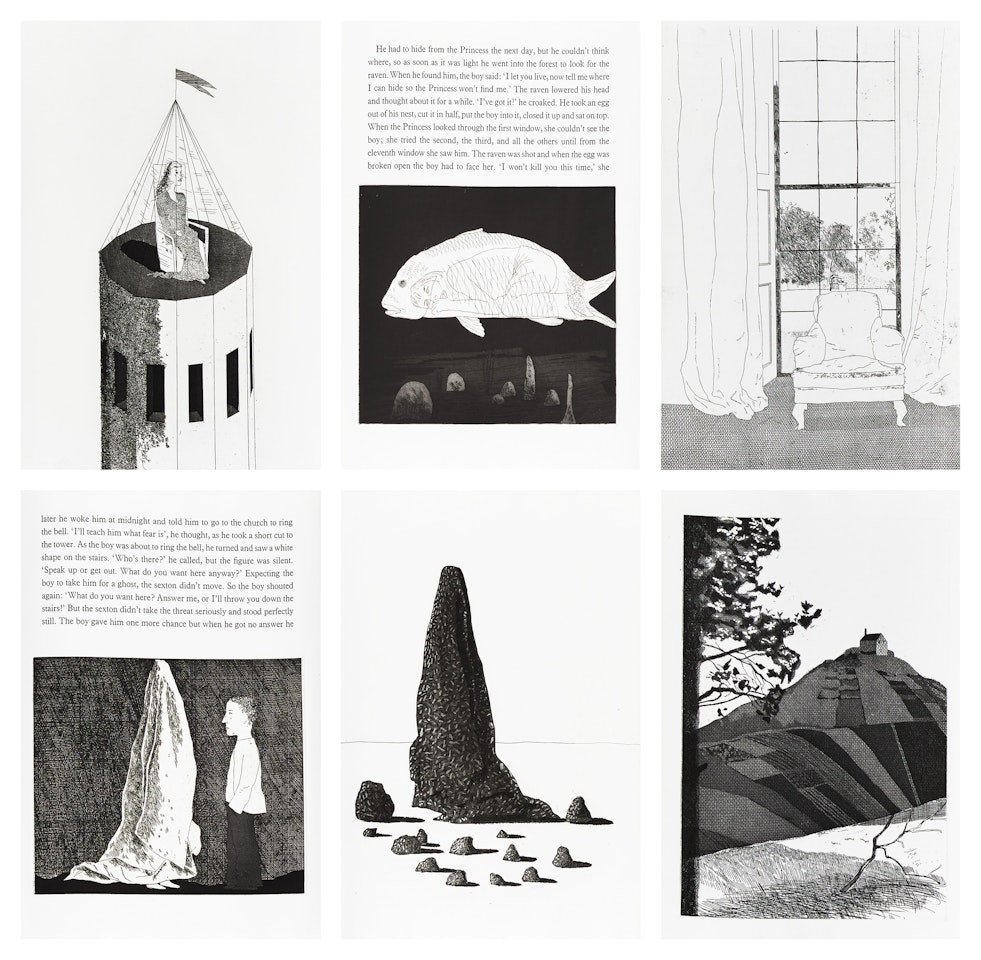 Illustrations for Six Fairy Tales from the Brothers Grimm (S.A.C. 70-108, M.C.A.T. 67-105); all I. various by David Hockney