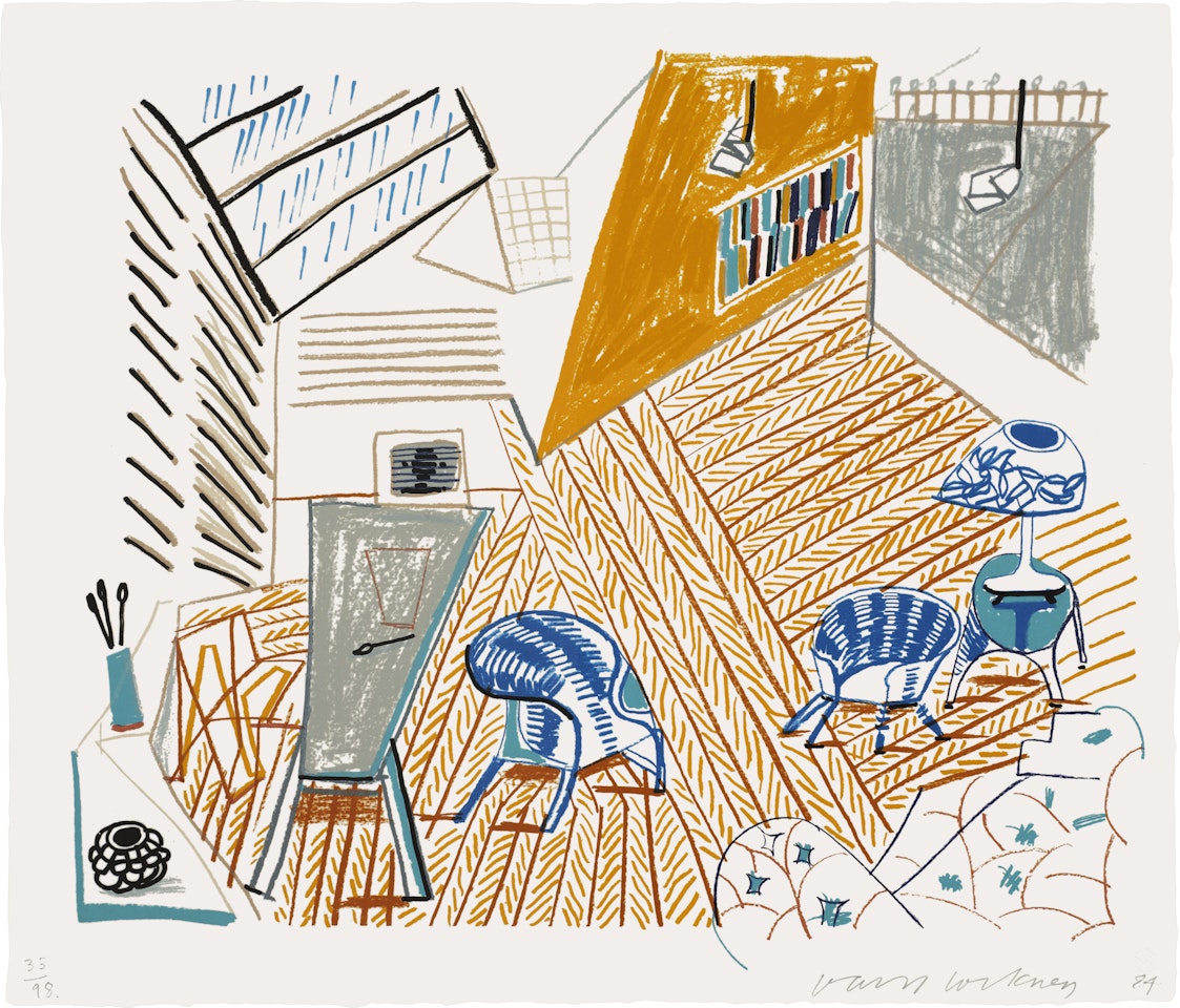 Pembroke Studio With Blue Chairs and Lamp, from Moving Focus (T.G. 275, M.C.A.T. 263) by David Hockney