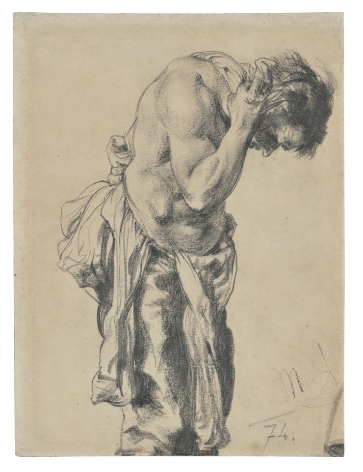 A Man wiping his Neck ( A Study for "Eisenwalzwerk" ) by Adolph Menzel