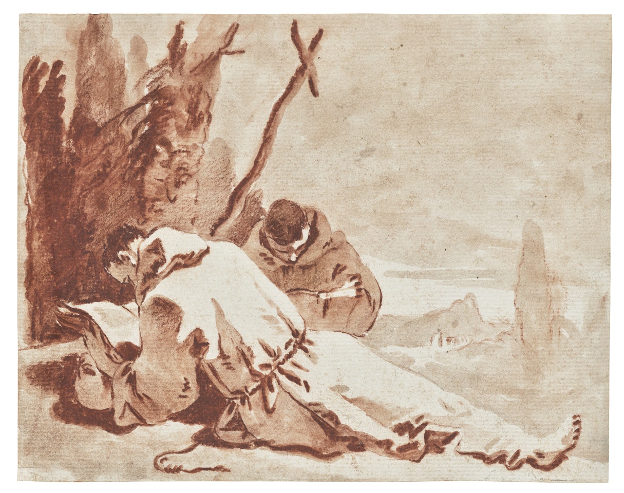 Two monks reading by a cross in a landscape by Giovanni Battista Tiepolo