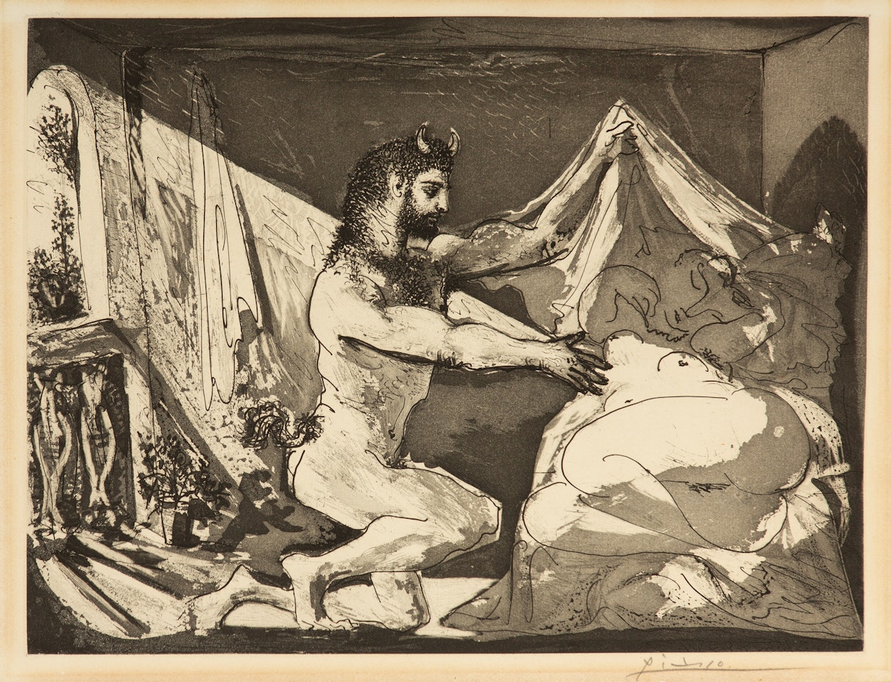 Faune dévoilant une dormeuse (Jupiter et Antiope, d"après Rembrandt. Blatt 27 aus: Suite Vollard) by Pablo Picasso