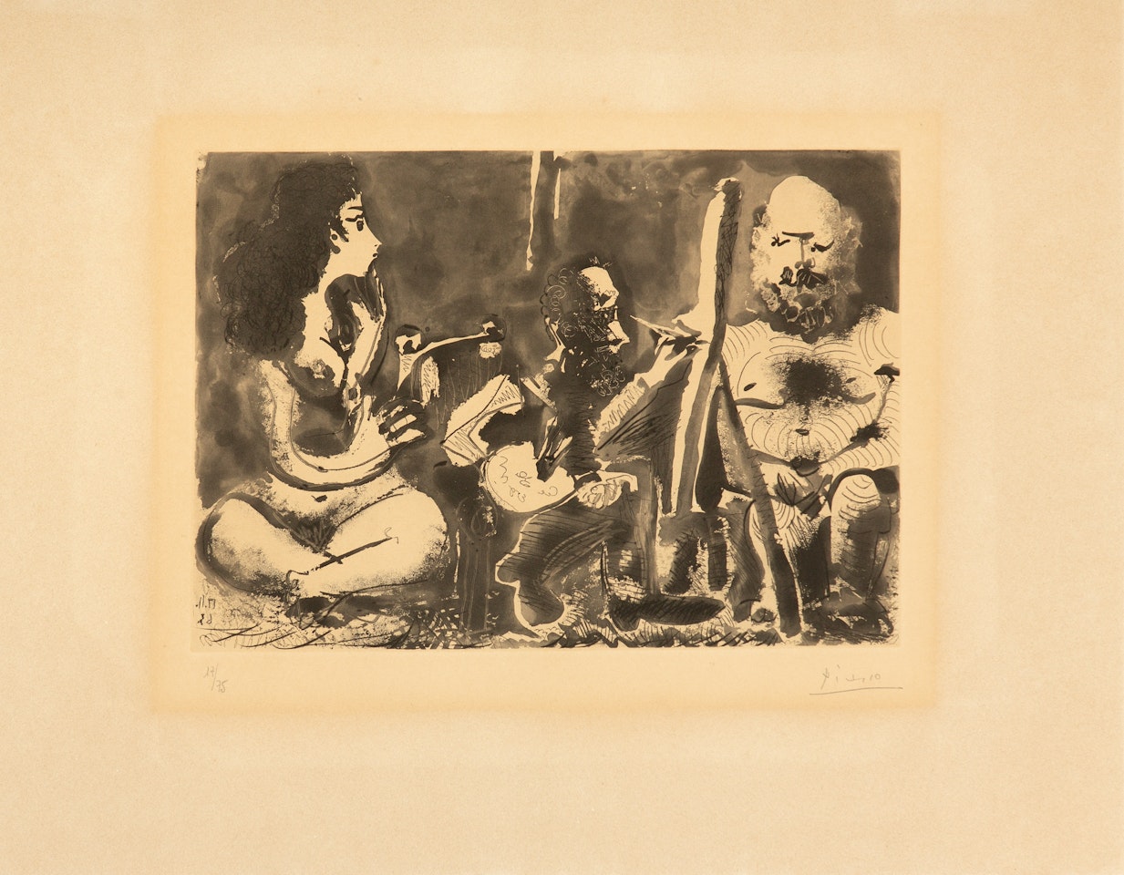 Peintre au travail avec modèle barbu et une spectatrice en tailleur (aus: Les bleus de Barcelone) by Pablo Picasso