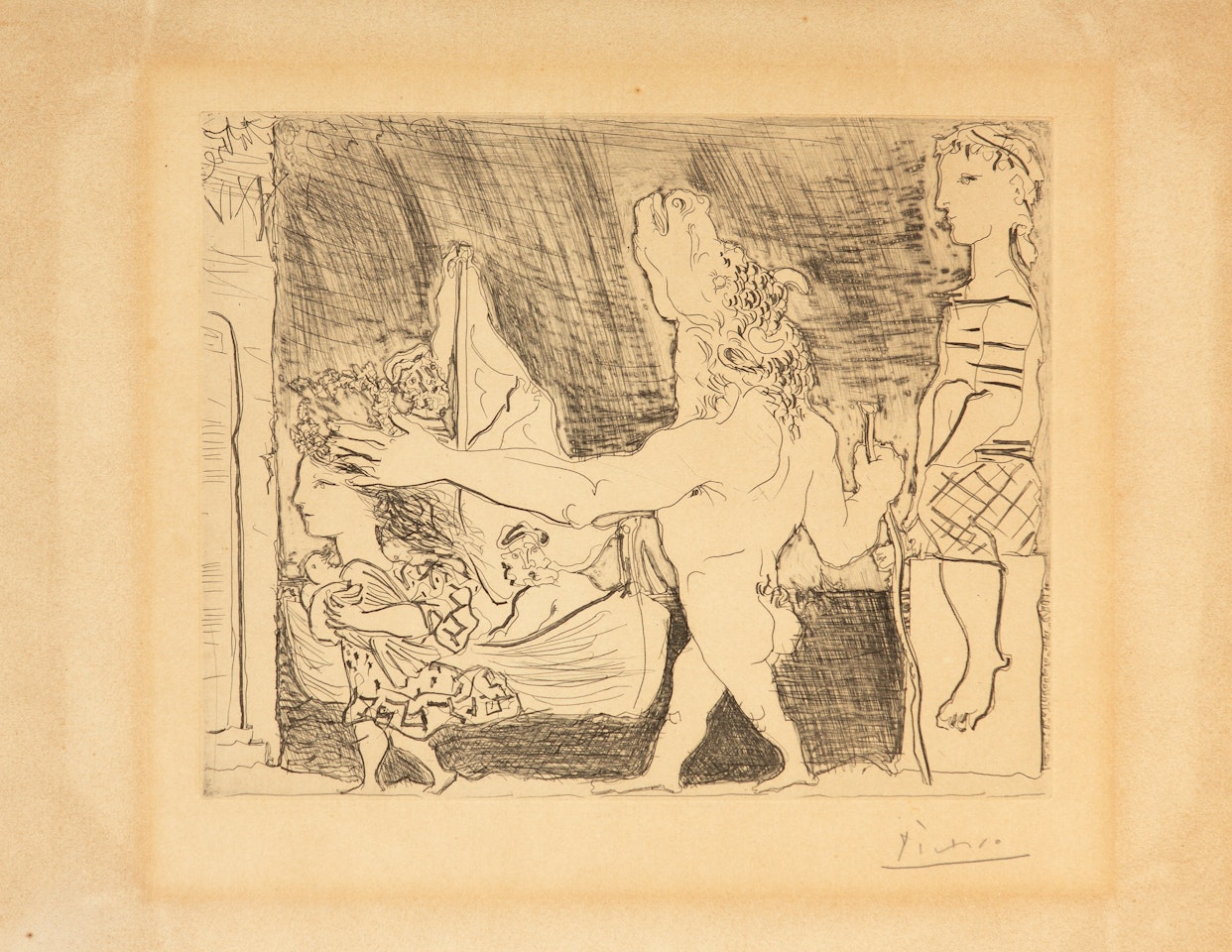 Minotaure aveugle guidé dans la nuit par une petite fille au pigeon (Blatt 96 aus: Suite Vollard) by Pablo Picasso