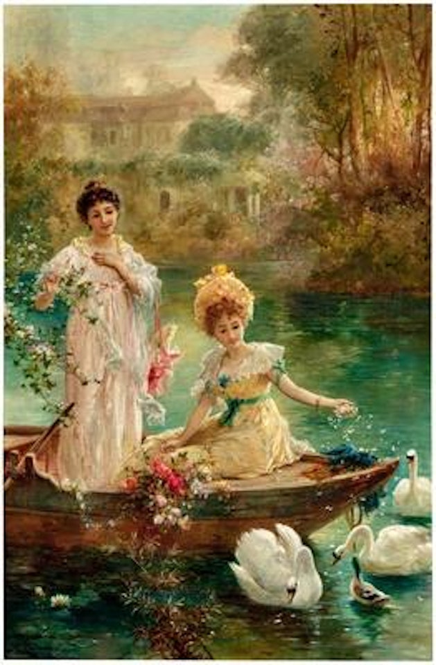 A Young Lady Feeding Swans, H. Zatzka by Hans Zatzka