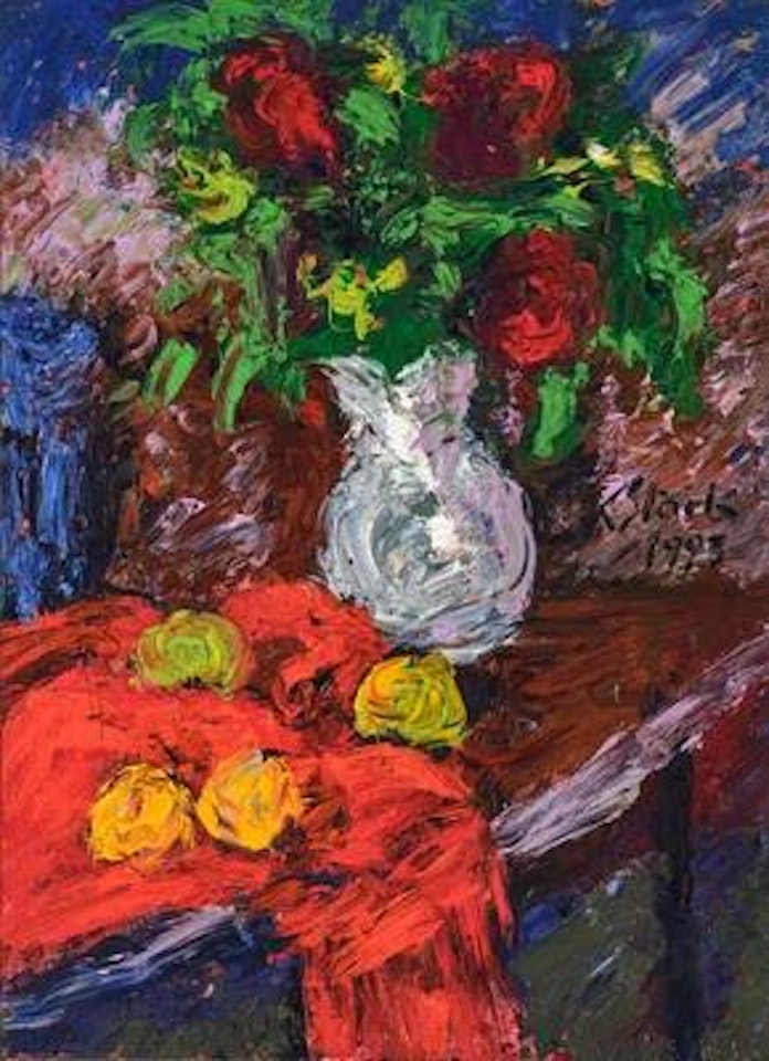 Still life, Jug with Flowers and Fruits on red Cloth by Karl Stark
