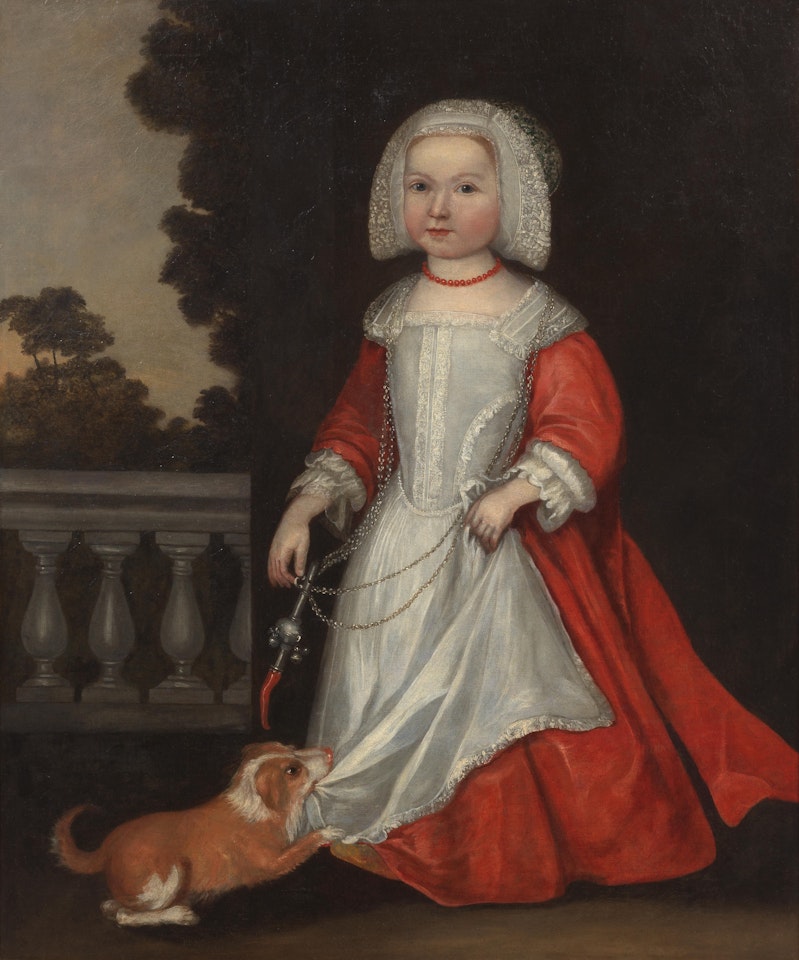 Portrait of a young girl with a coral necklace and a rattle by Dutch School