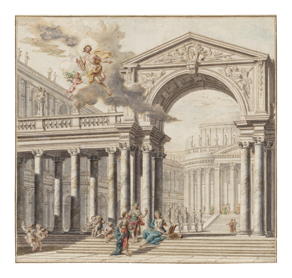 An architectural capriccio with Apollo and Three Muses by Italian School
