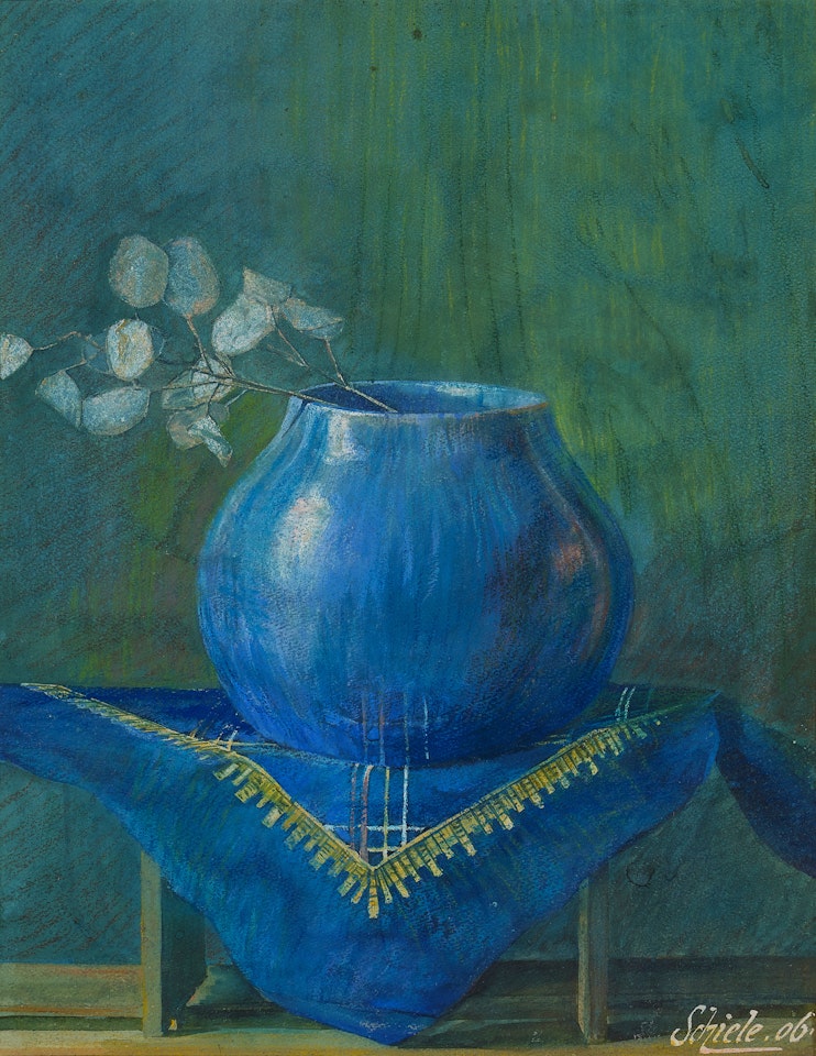 Stillleben eines Silberblattes in Blauer Vase (Still Life of a Moneyplant Branch in Blue Vase) by Egon Schiele