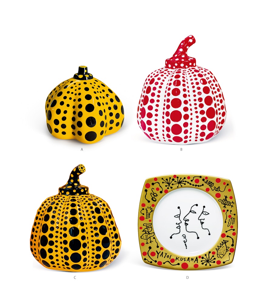 Mini Pumpkin (yellow/black); Pumpkin (white/red); Pumpkin (yellow/black); "The Me that I Adore: Fish" Plate (set of four pieces) by Yayoi Kusama