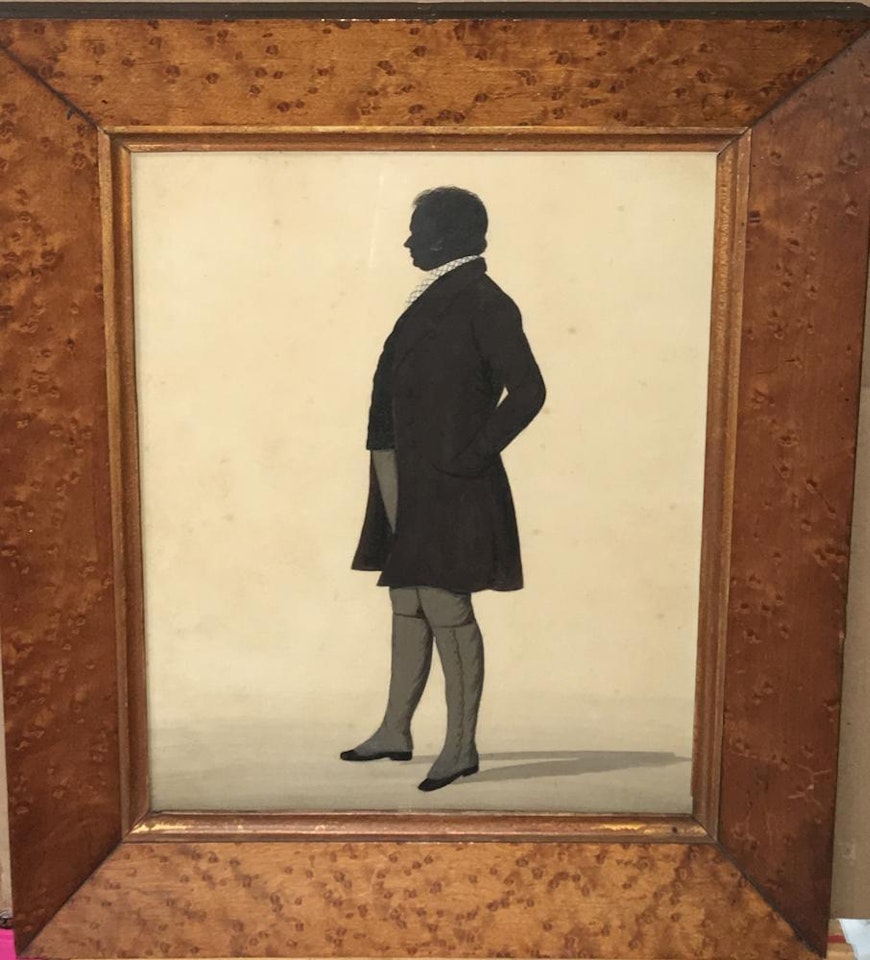 holding a cane and a top hat; A pair of portraits of a lady wearing a bonnet and a gentleman by English School