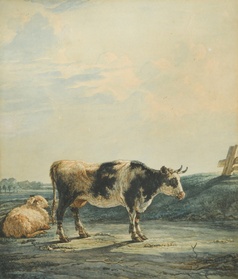 Study of a cow with a sheep in a landscape by English School