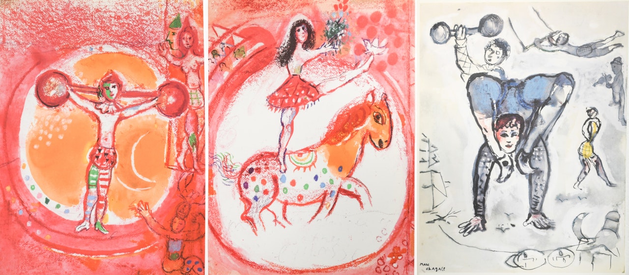 A group of three unframed lithographs from Jacques Prévert Le Cirque d"Izis by Marc Chagall