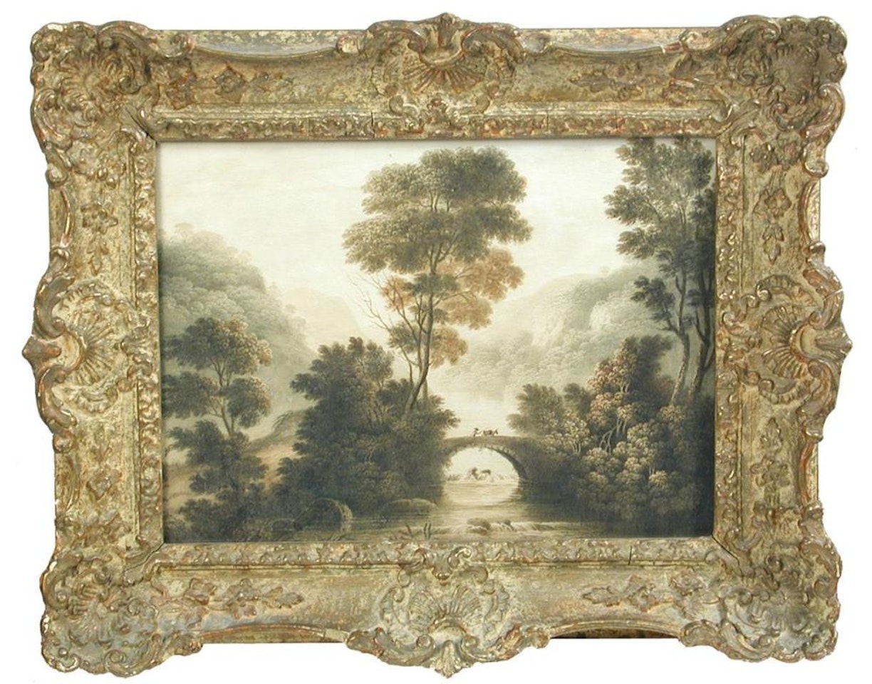 A herdsman with cattle on a bridge, in a wooded landscape by English School