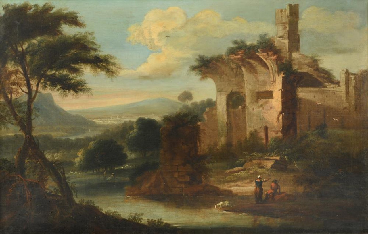 An extensive Italianate river landscape with ruins and travellers on a path by Italian School