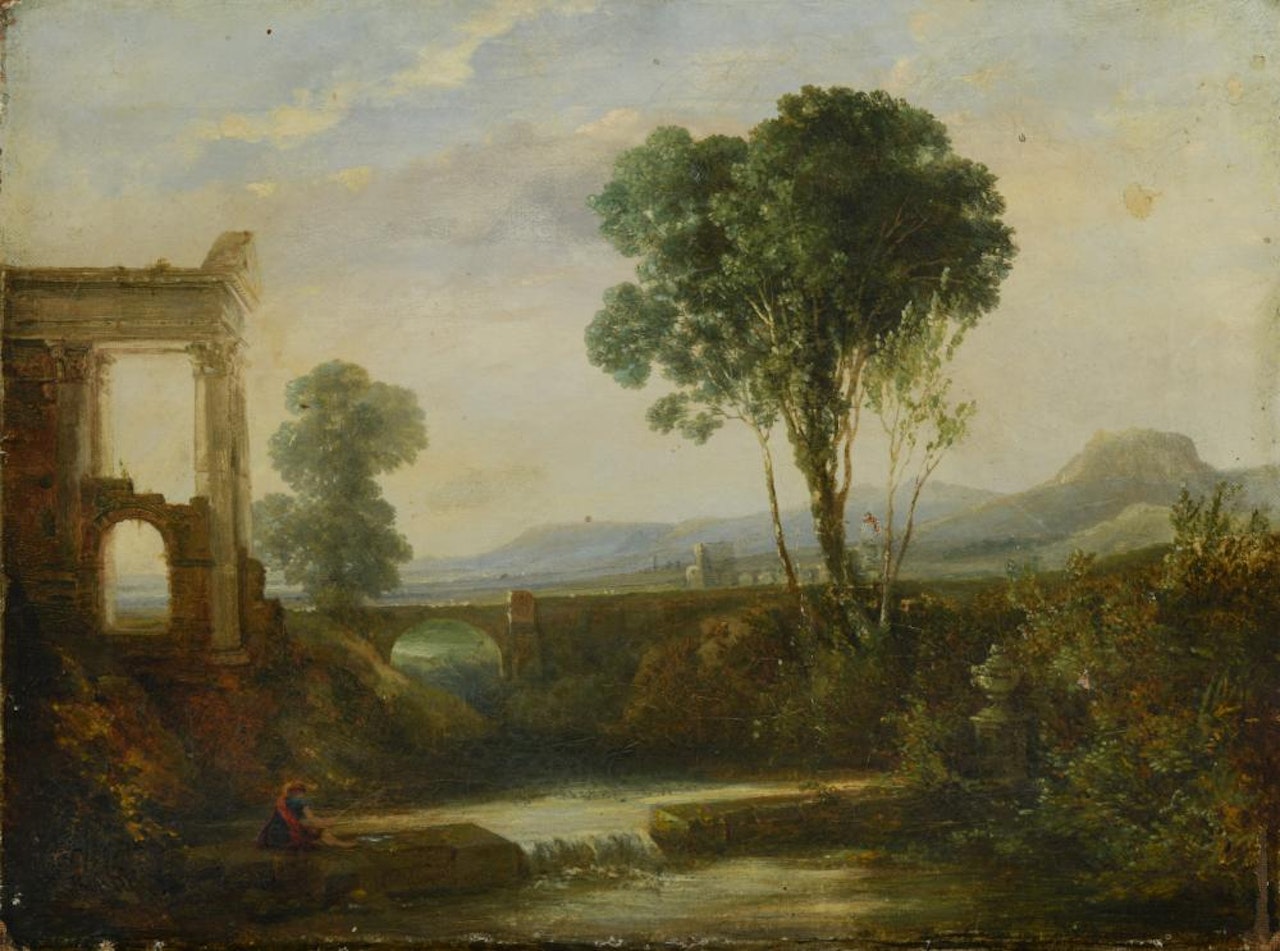 Roman Campagna, a pastoral Italianate landscape with a temple by a waterfall by Italian School