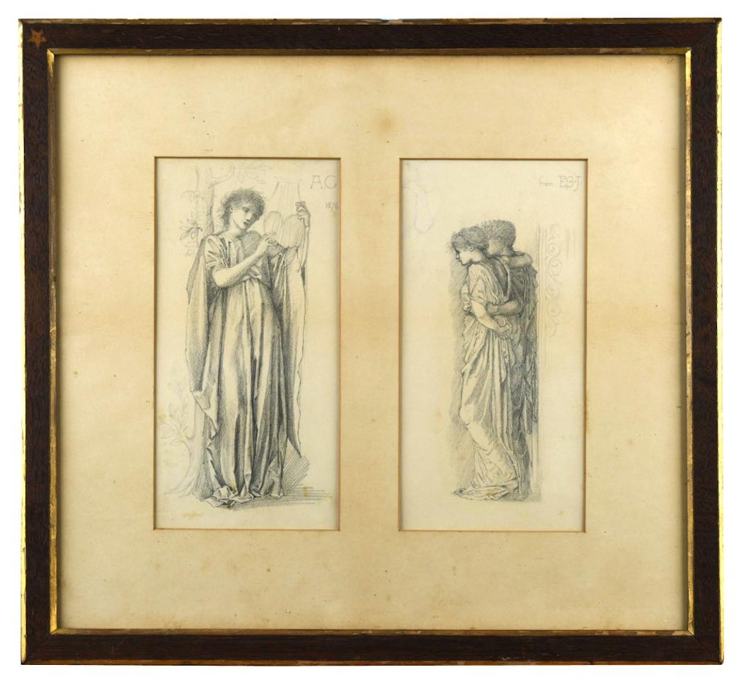 Hymen, the goddess of marriage holding a harp; A Married couple being blessed by Edward Coley Burne-Jones