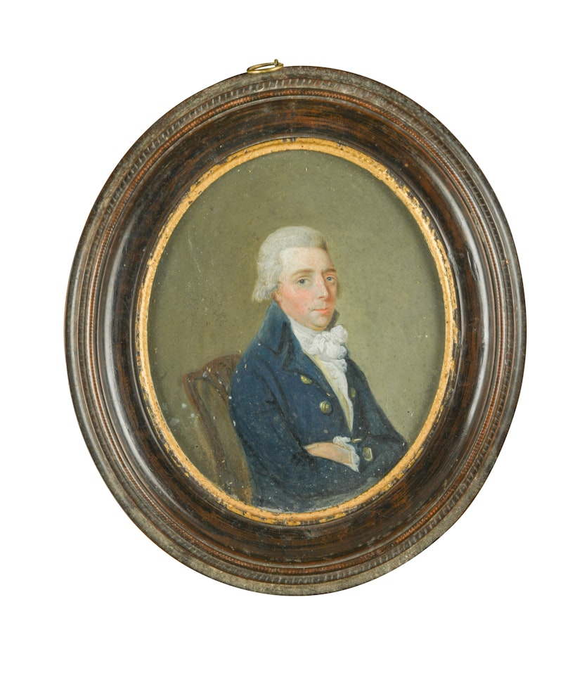 half-length, seated, in white, holding a rose by English School