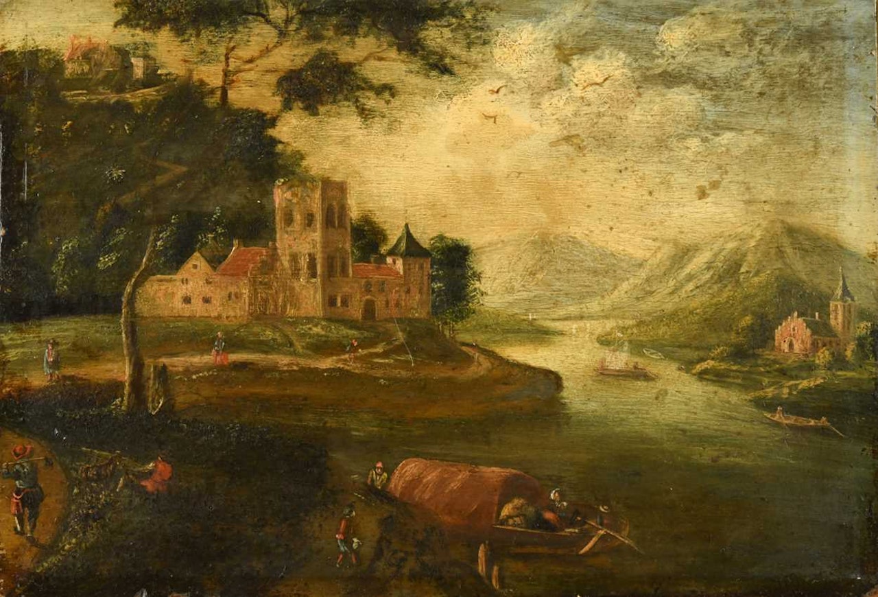 Extensive river landscape with mountains beyond, figures loading a barge in the foreground by Flemish School