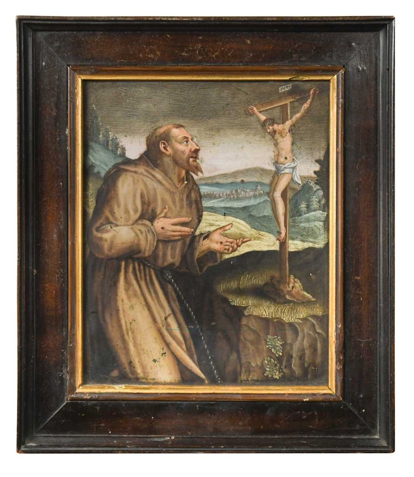 St Francis of Assisi before a crucifix, in a landscape by Flemish School