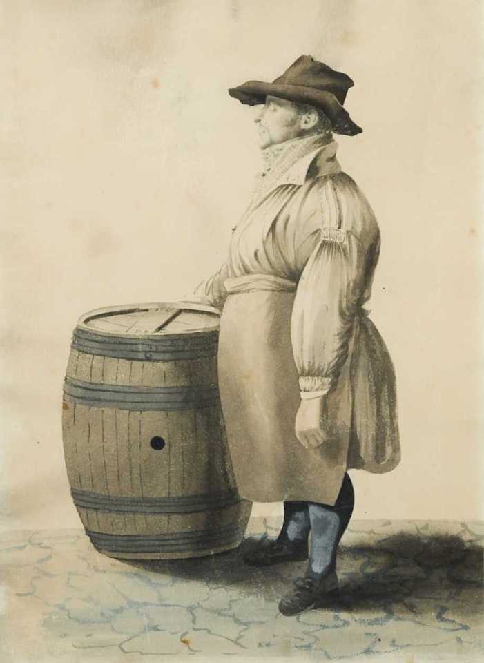 Study of a man standing by a barrel by English School