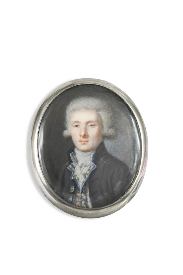 Portrait miniature of a gentleman in black coat and blue trimmed waistcoat embroidered with flowers; Portrait miniature of a gentleman in blue coat and floral embroidered waistcoat by French School