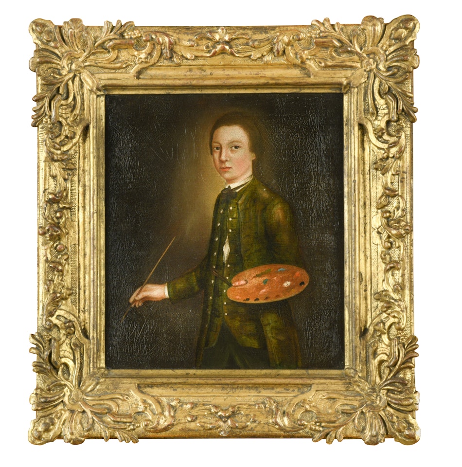 Self Portrait (c.1740-42) standing three quarter length, in green, holding a palette and paintbrush by Thomas Gainsborough