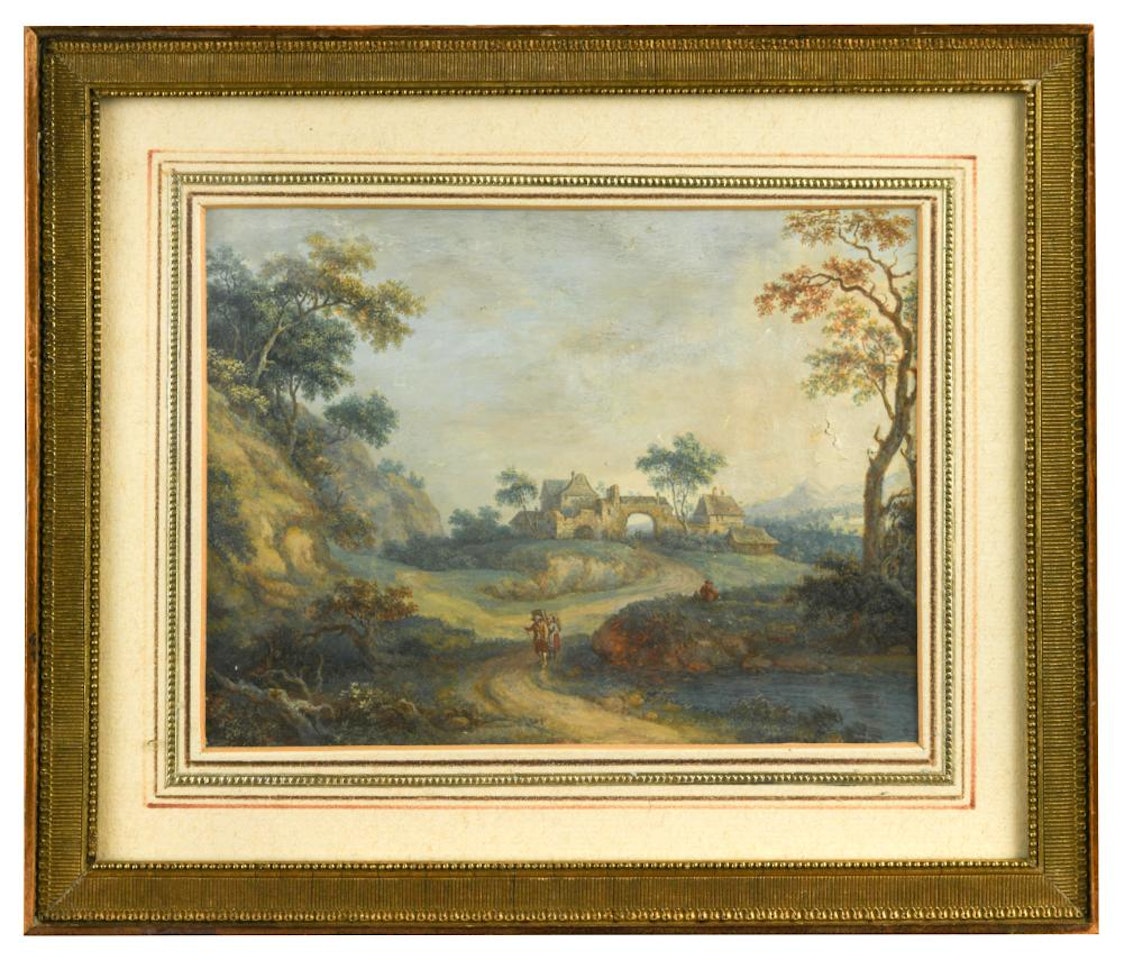 Landscape views with figures on a path by German School