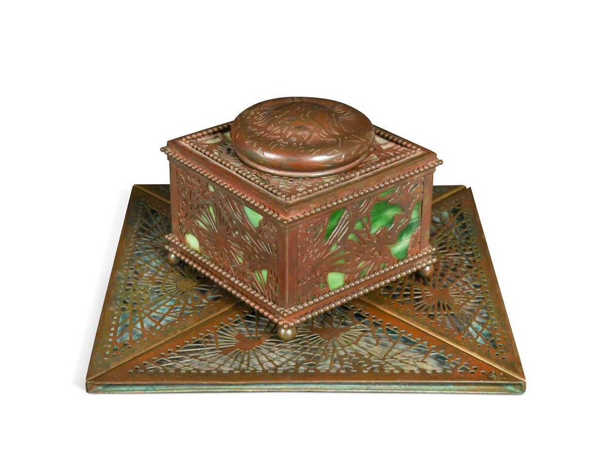A Tiffany Studios bronze and slag glass inkwell by Tiffany Studios