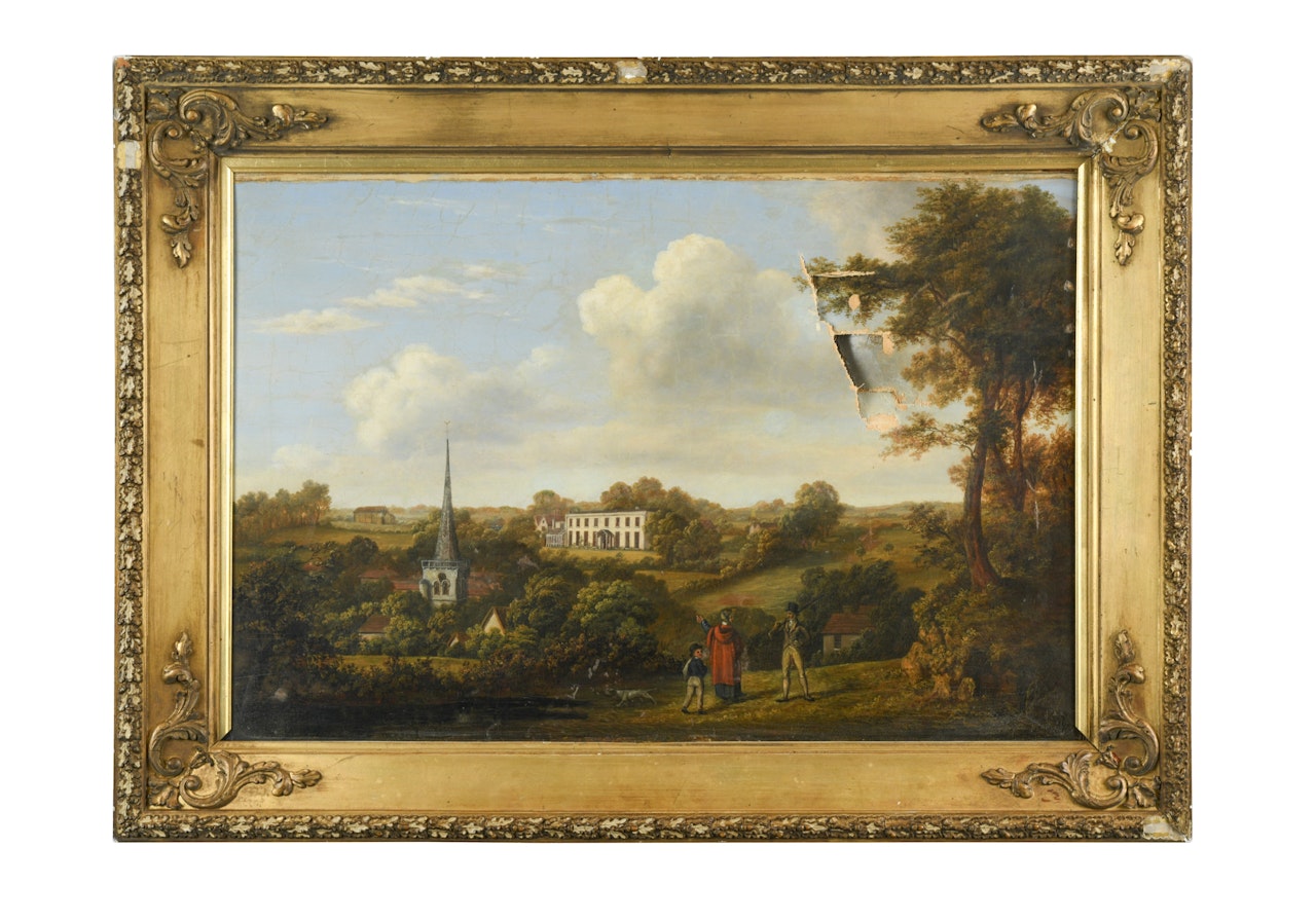A View in the countryside with a country house on a hill, a church and a huntsman with his family in the foreground by English School