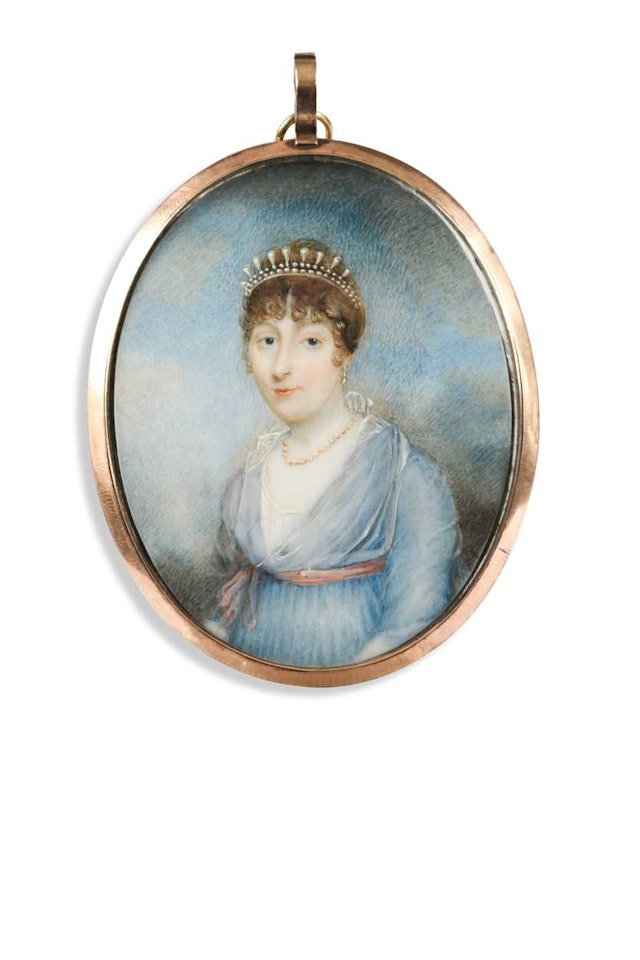 Portrait miniature of a lady, believed to be Lady Anna Maria Russell (née Stanhope, 1783-1857) when the Marchioness of Tavistock, half-length in a blue dress with pink ribbon, wearing a tiara by English School