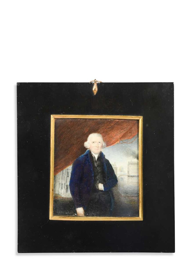 Portrait miniature of a gentleman, said to be Mr Greenwood, standing three-quarter length before a curtain and an architectural background by English School
