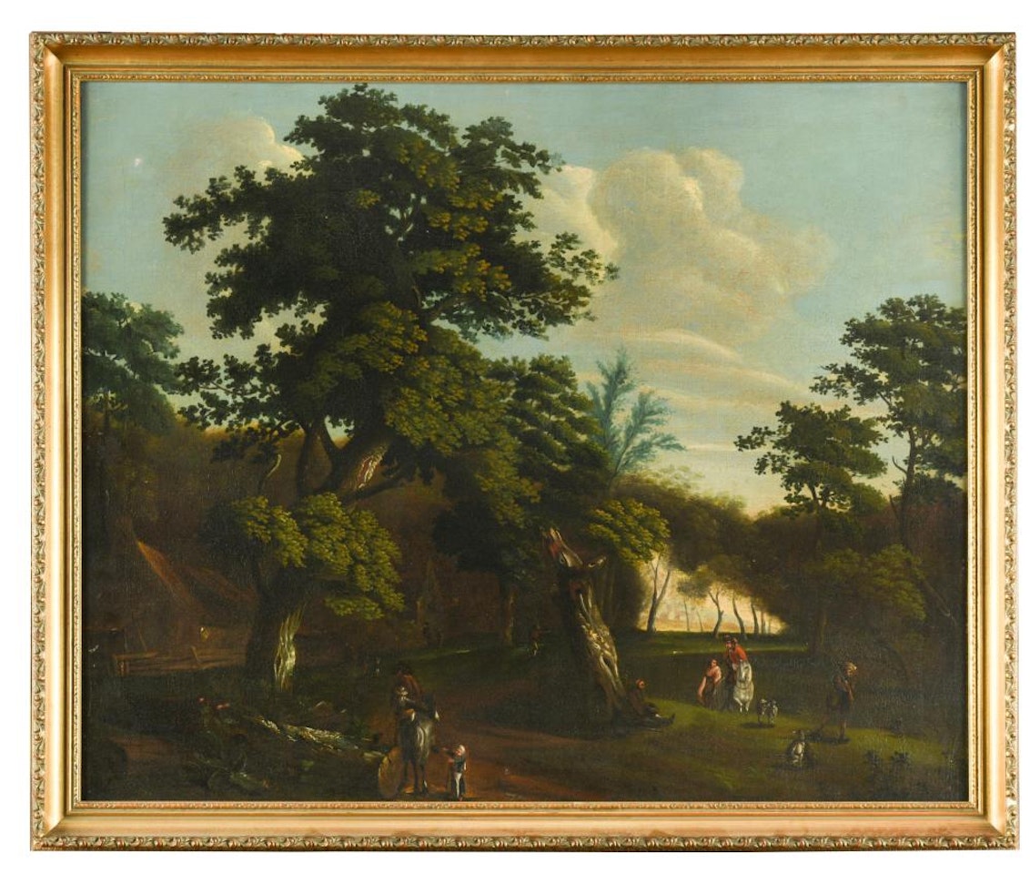 Woodland village scene with figures by Dutch School