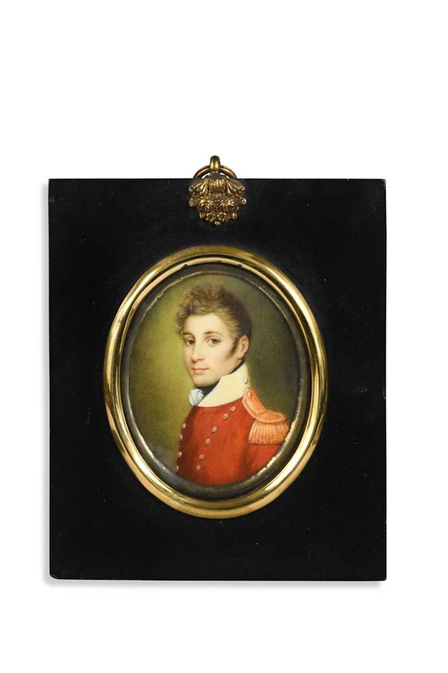 Portrait miniature of an officer in red uniform with white standing collar by English School