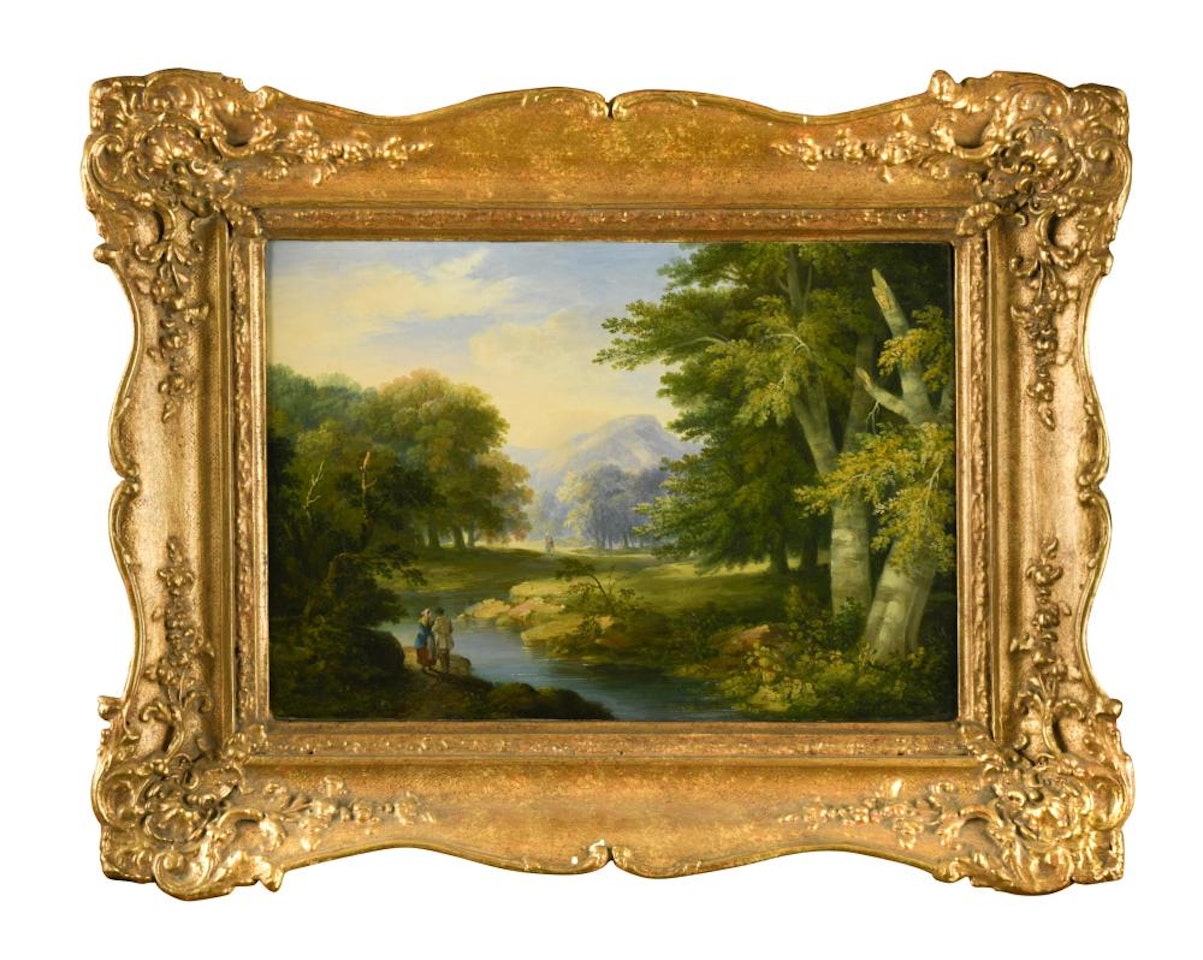 Couple by a river in a woodland landscape by English School