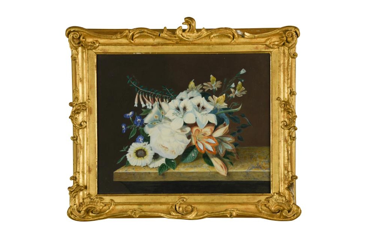 Flowers on a marble ledge; and Fruit on a marble ledge by English School