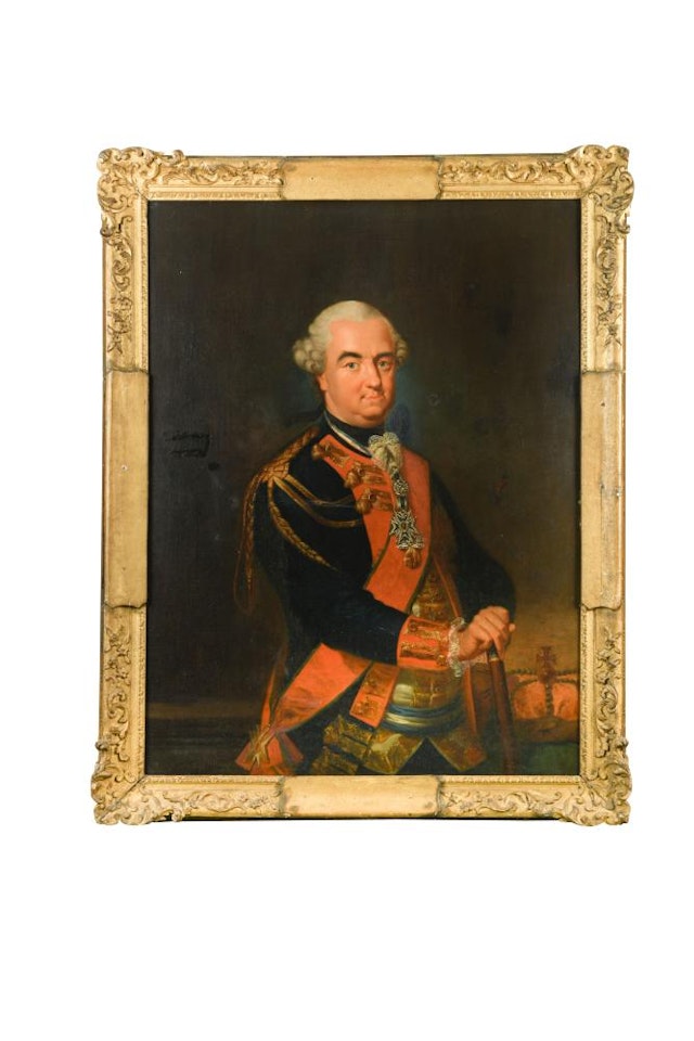 Portrait of a nobleman, said to be Charles Theodore, Elector of Bavaria (1724-1799), three-quarter length, in a blue military coat with a red sash and wearing the Order of the Golden Fleece, leanin... ... g on a baton by German School