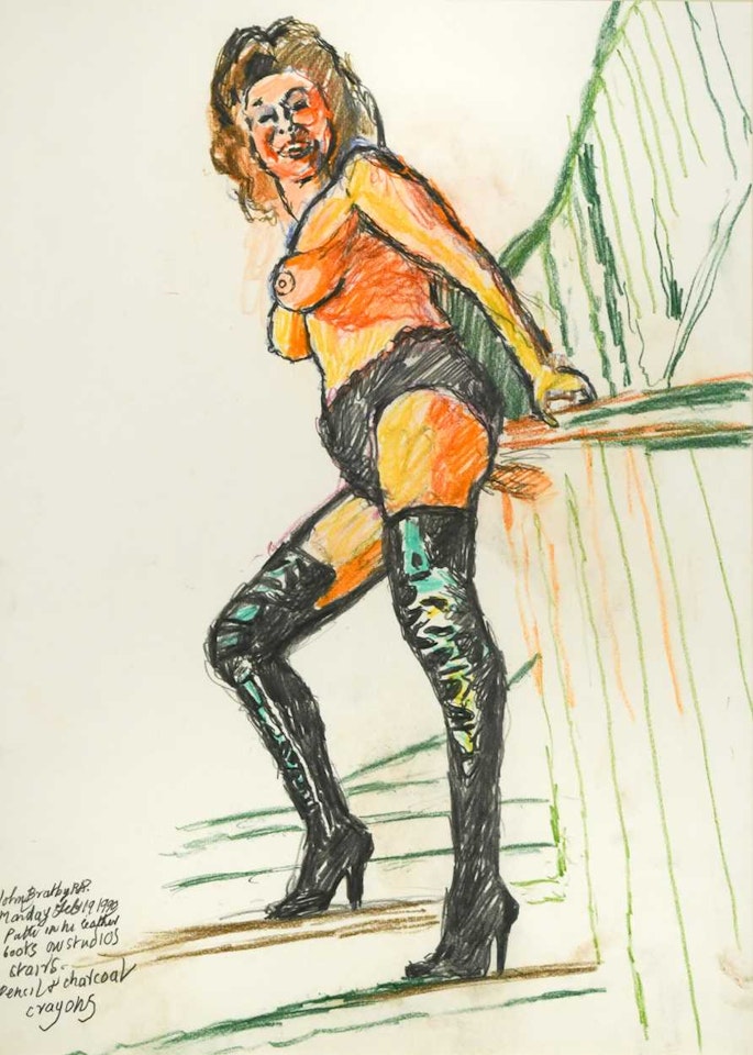Patty in leather boots on studio stairs by John Bratby
