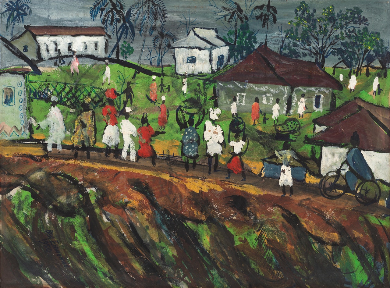 Figures by a village by Ben Enwonwu
