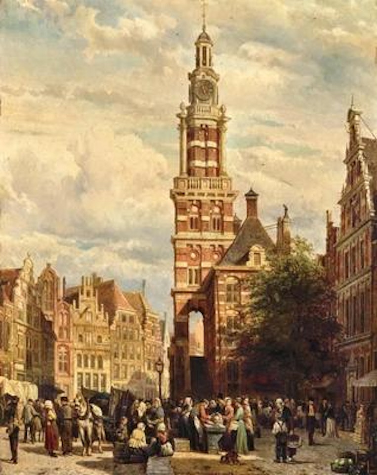 A Bustling Market Scene in front of the Wijnhuis Tower in Zutphen by Cornelis Springer