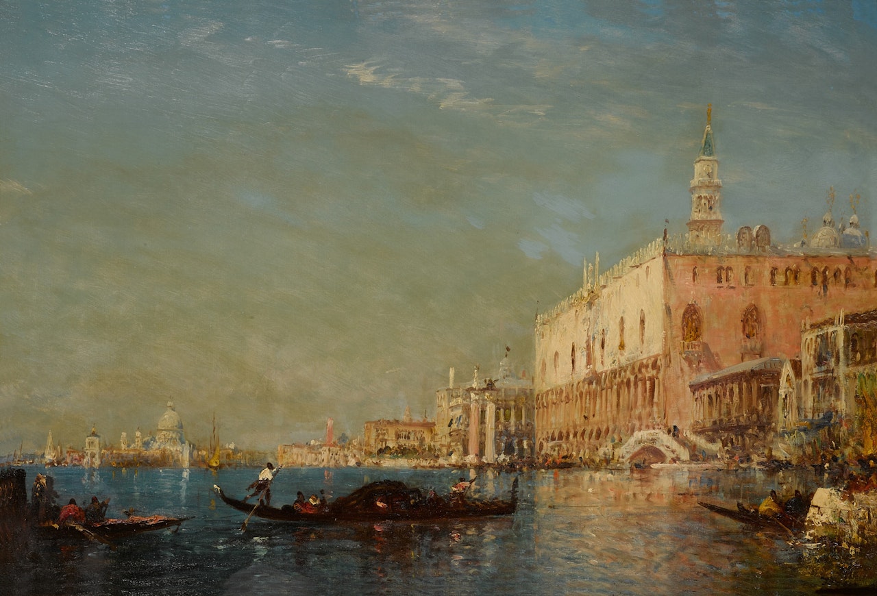 Gondoliers in the Bacino, Palazzo Ducale Beyond by Félix Ziem