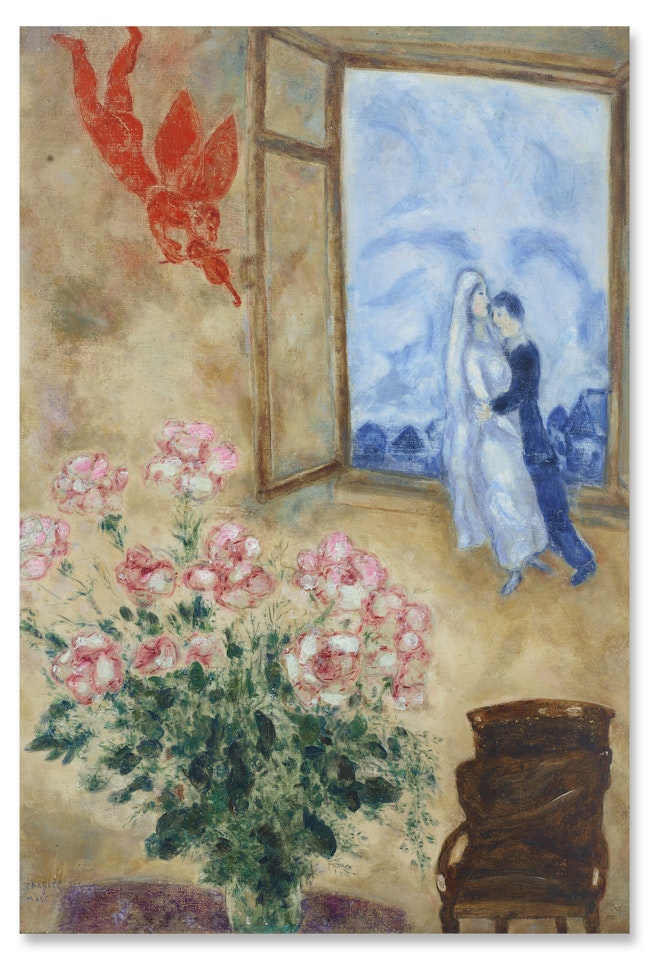 Les fiancés à l"ange rouge by Marc Chagall