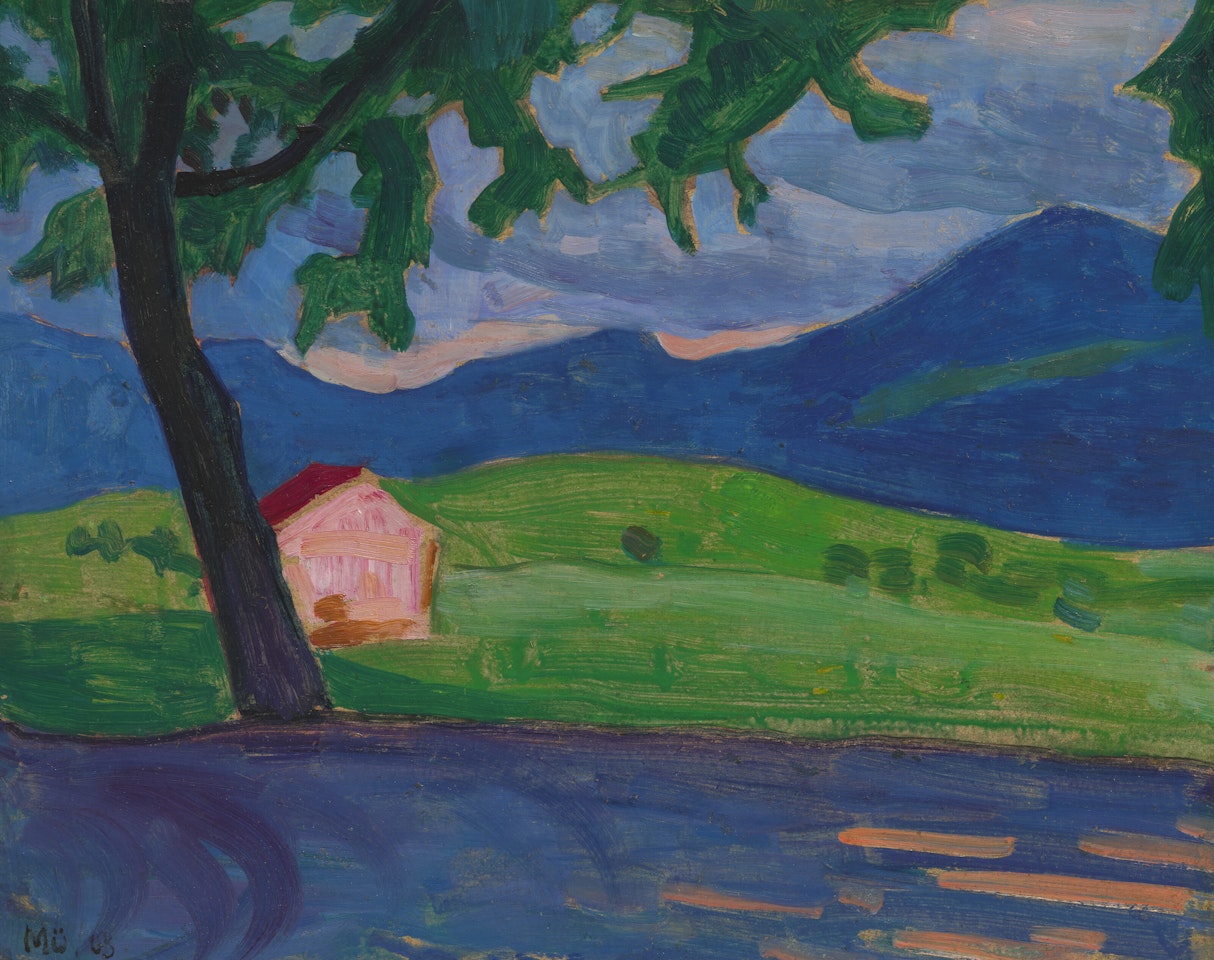 Vom Griesbräukeller. Wiese, Scheune, Berge by Gabriele Münter
