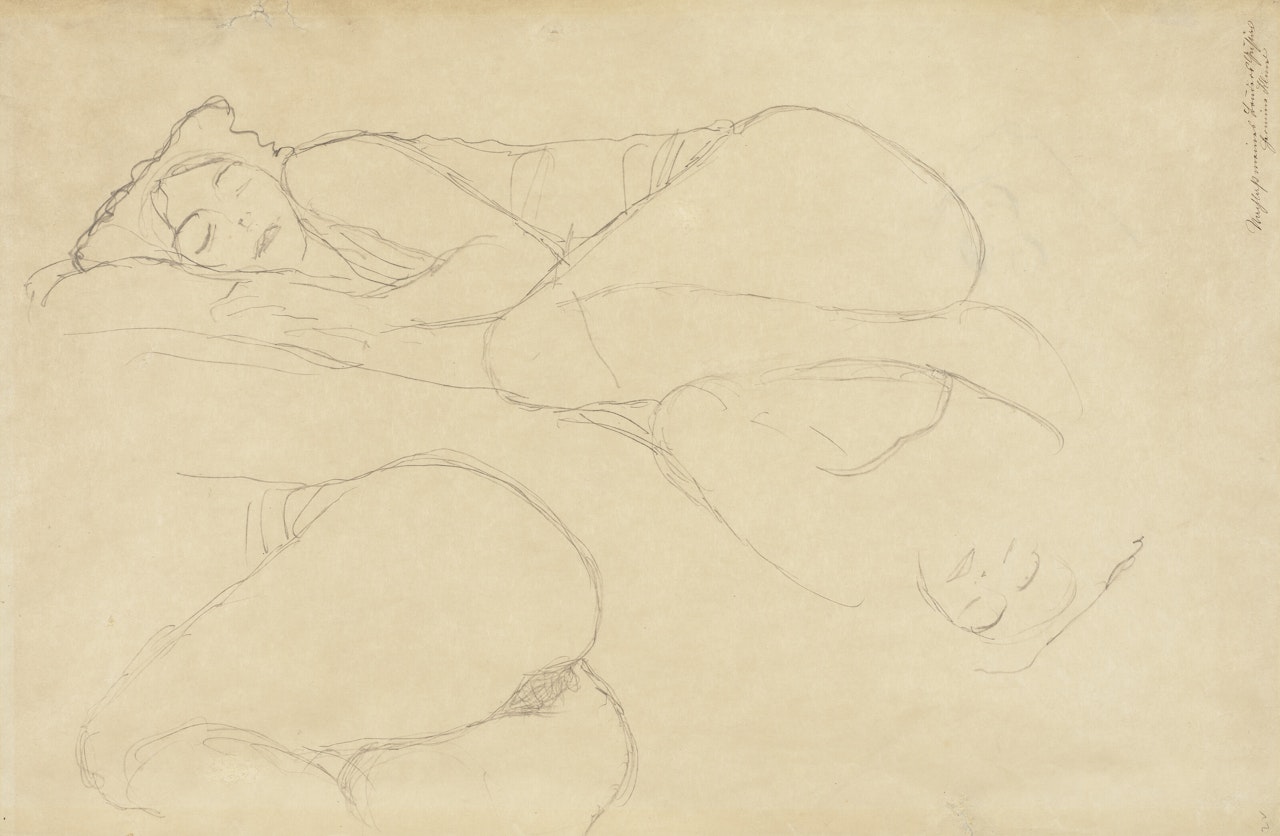 Zwei Studien einer Kauernden nach links, Kopfstudie by Gustav Klimt